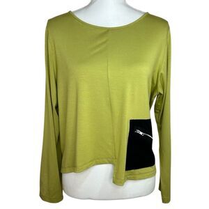 Comfy USA Medium Lime Green Long Sleeve Top Black Zip Pocket Cropped‎ Lagenlook